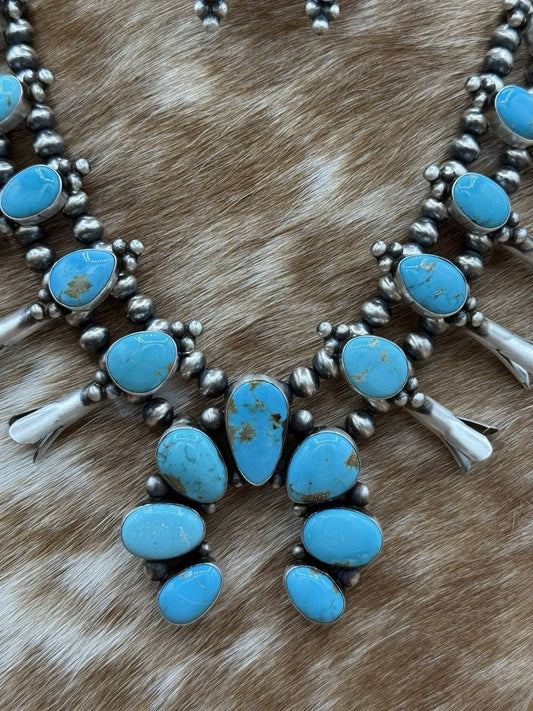 Navajo Handmade Sterling Silver Kingman Turquoise Squash Blossom Necklace 20”