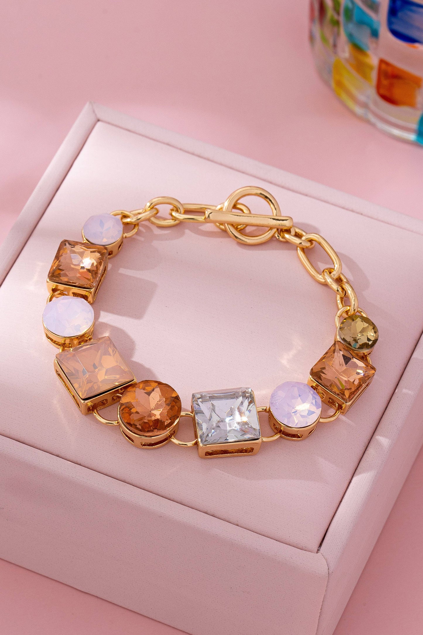 Bracelet - Pastel Multi-Crystal Gold Link Toggle