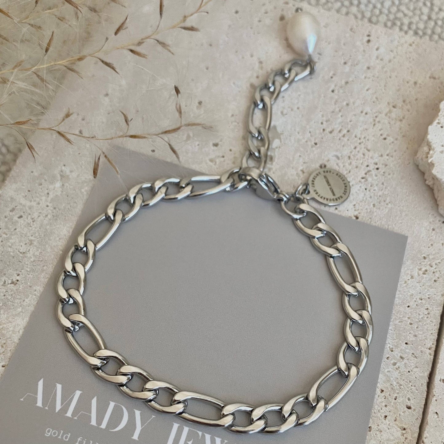 Bracelet - Silver Figaro Pearl Chain Link