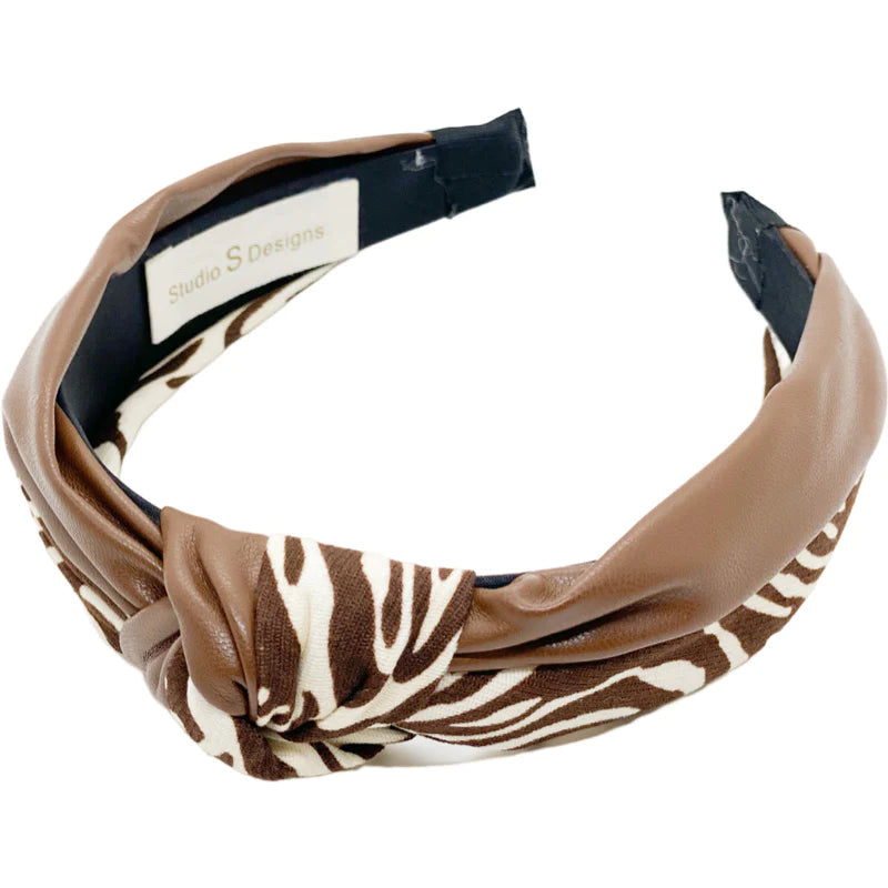 Brown Faux Leather Tiger Stripe Headband