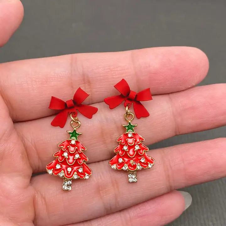 Jewelry | Earrings Red Bow Christmas Tree Dangle