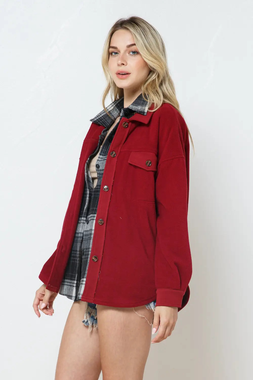 Jacket | Fleece Mix Shirt Jacket Wine