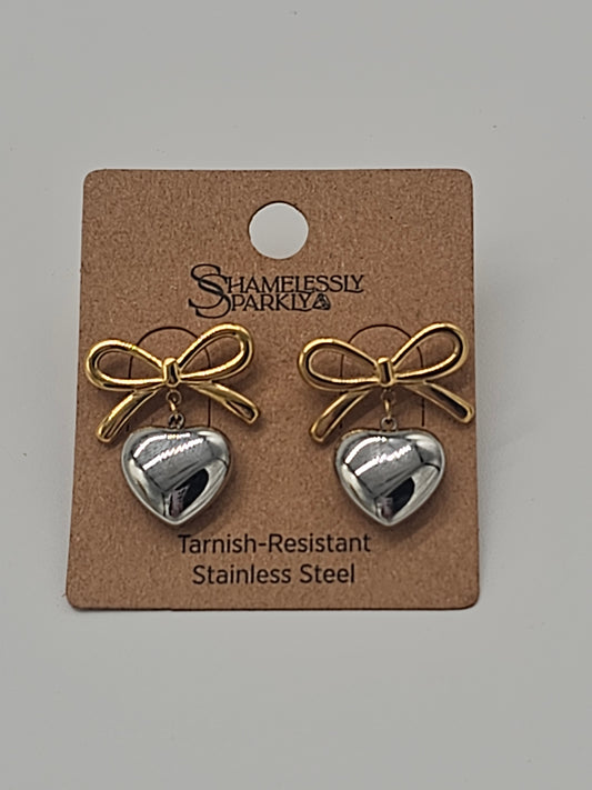 Jewelry | Earrings Two Tone Bow/Heart Stainless Steel