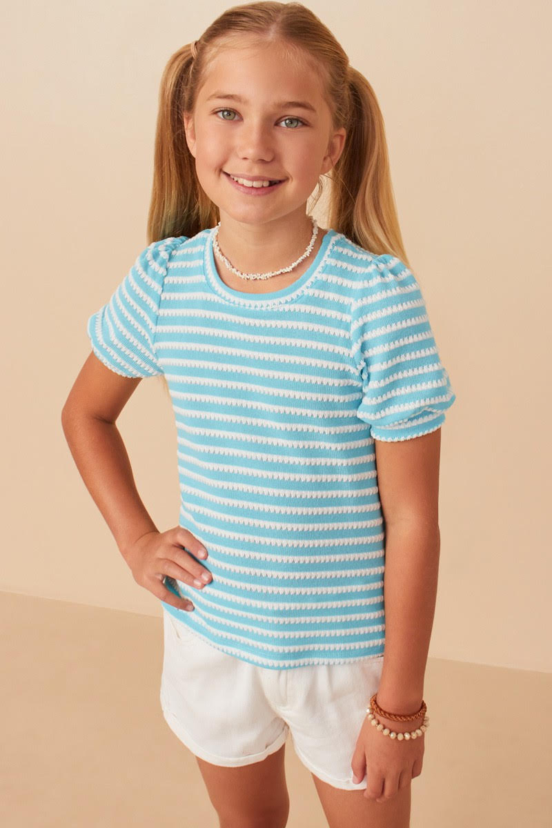 Girls | Blue Textured Stripe Puff Sleeve Top