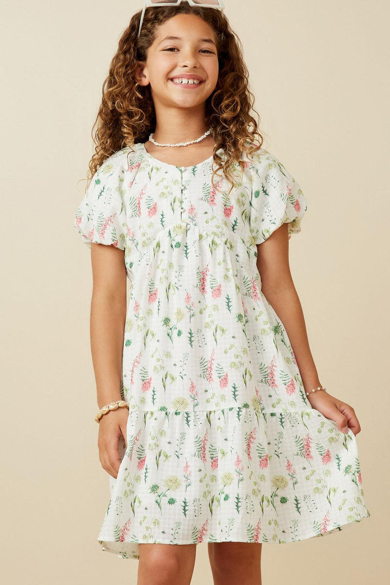 Girls | White Floral Puff Sleeve Dress