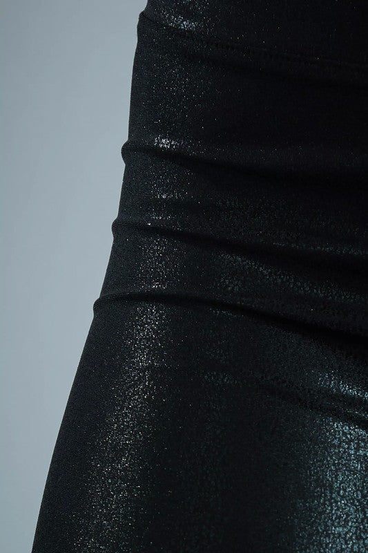 Black Shimmer Elastic Waistband Faux Leather Leggings