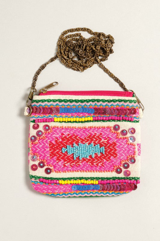 Boho Seed Beaded Coin Pouch with Chain