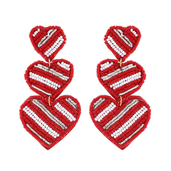 Beaded Red Heart Dangle Earrings